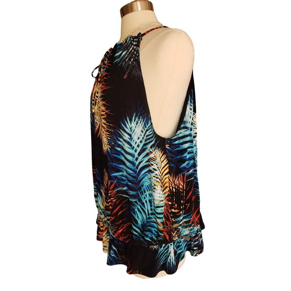 Worthington Womens XL Sleeveless Blouse Tropical Print Halter Ruffle Tank Boho - Picture 4 of 9